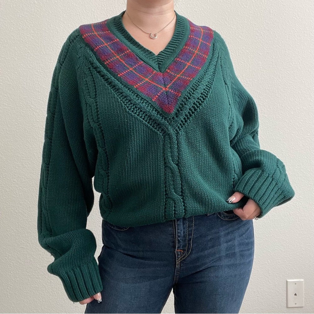 Vintage 90s Coogi Vibes Dark Green Plaid V Neck Grandpa Oversized Chunky Sweater